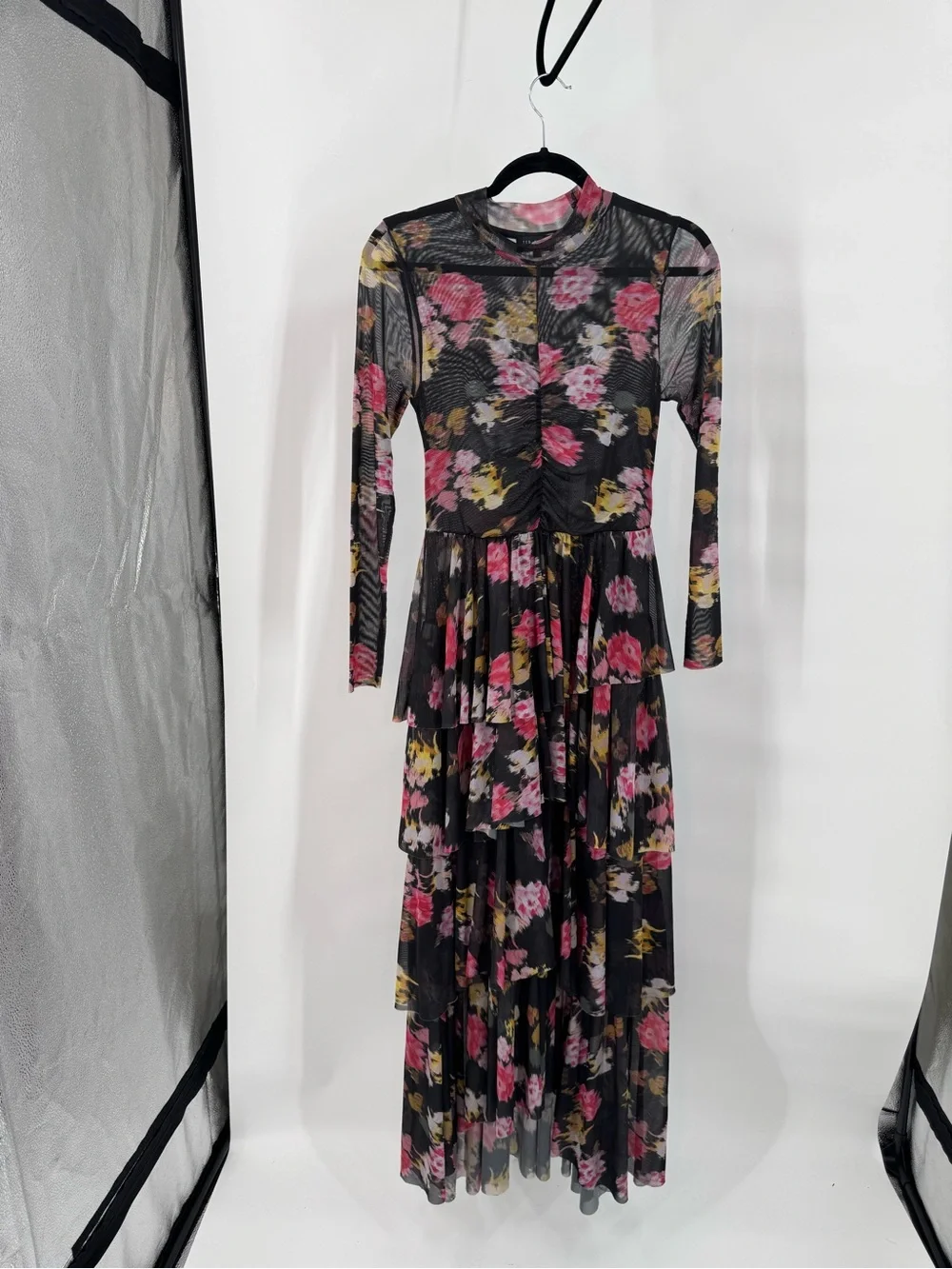 Ted Baker Sheer Floral Tiered Long-Sleeve Midi Dress in Black and Pink